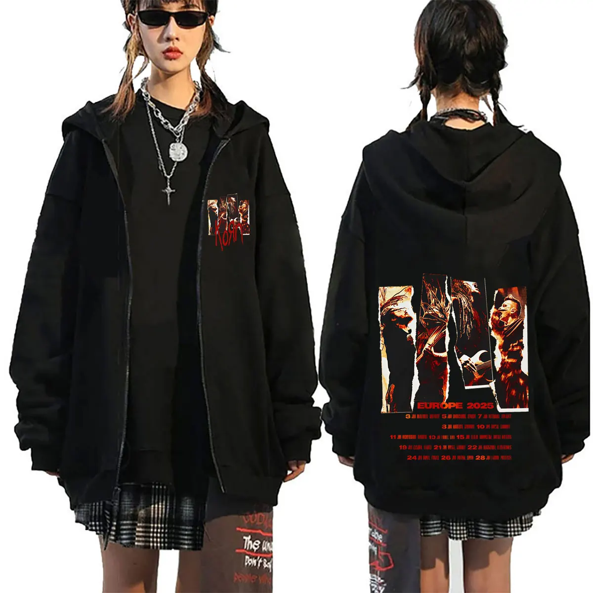 Korn Tour 2026 Zipper Hoodiet Men Women Metal Gothic Rock Band Zip Up Jacket Male Vintage Oversized Zip Up Sweatshirt Streetwear