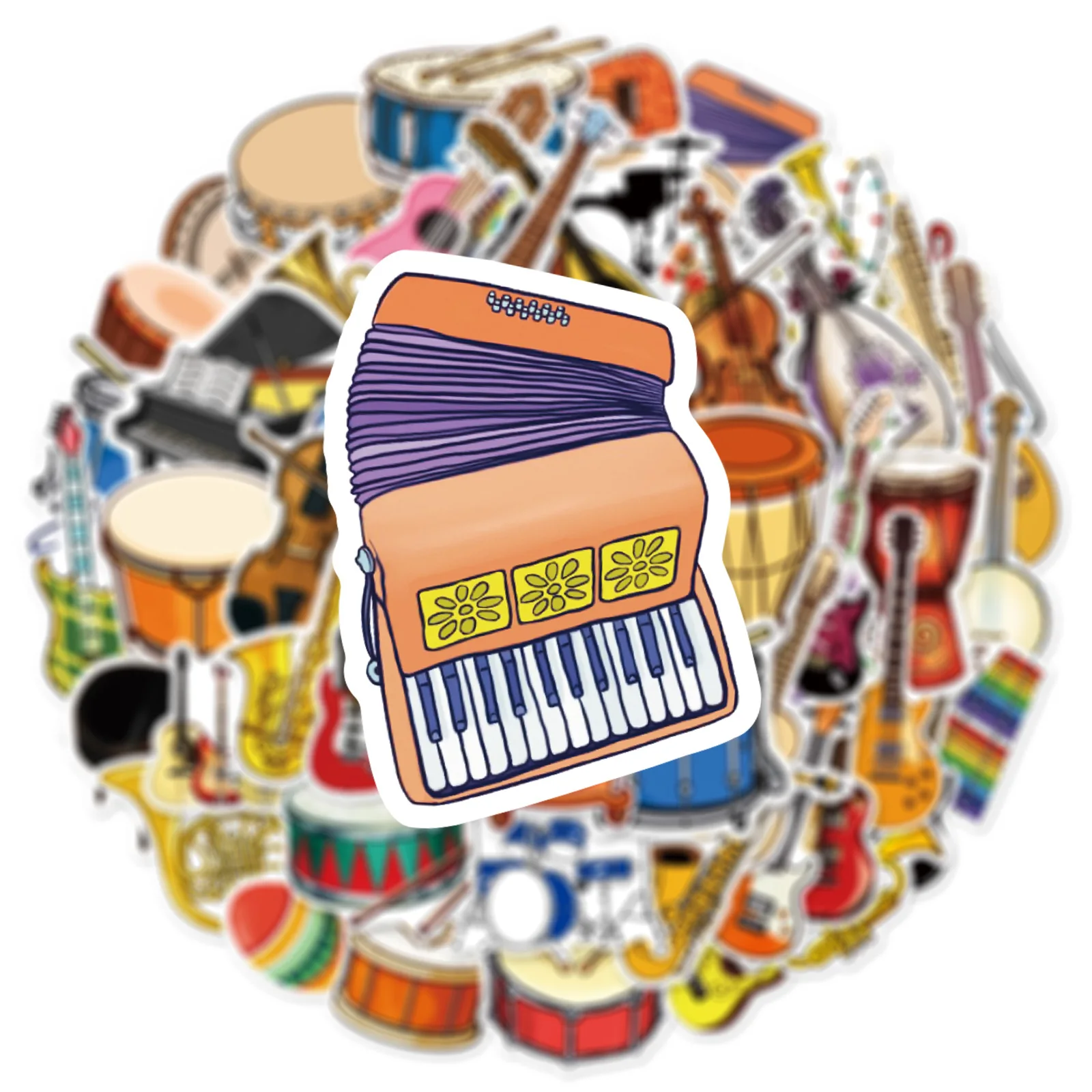 

50PCS Cartoon Music Instrument Performance Stickers Set For Piano Violin Stand Drum Guitar Waterproof Non-stick Decals Gifts