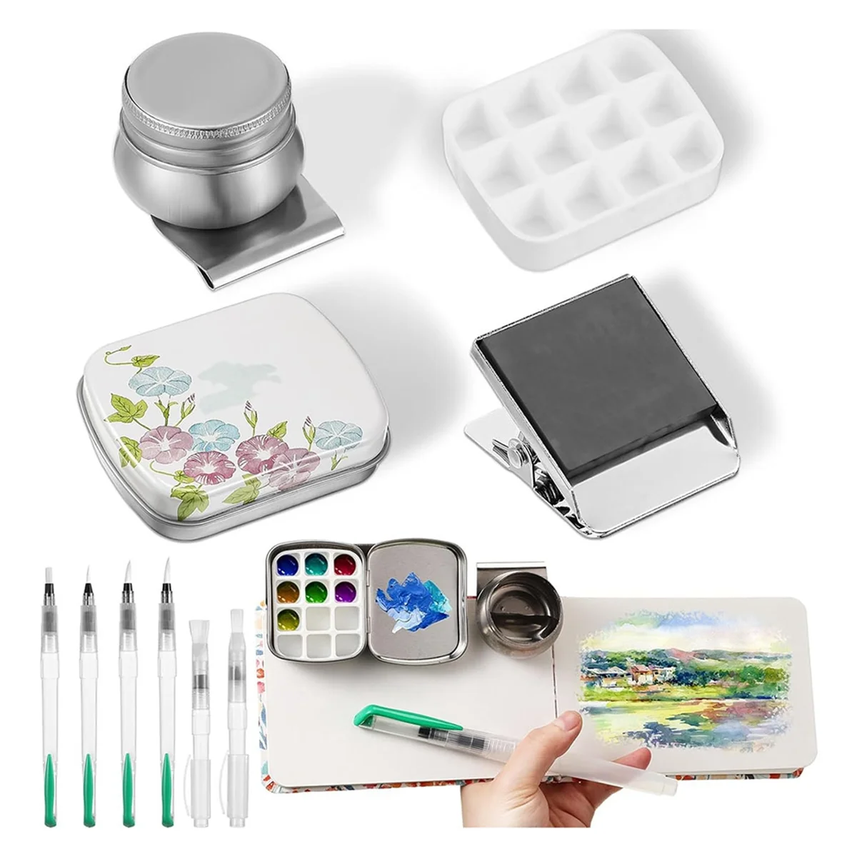 M21K 11 Piece Tin Box, 12 Empty Watercolor Palettes, Artist Brushes with Protective Case, Sketching Watercolor Kit