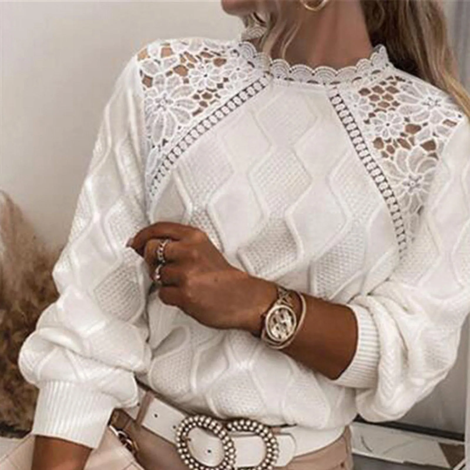 Autumn Knitting Lace Women\'s Sweater White O-neck Long Sleeve Keep Warm Loose Sweaters Female Casual Trendy Ladies Clothes