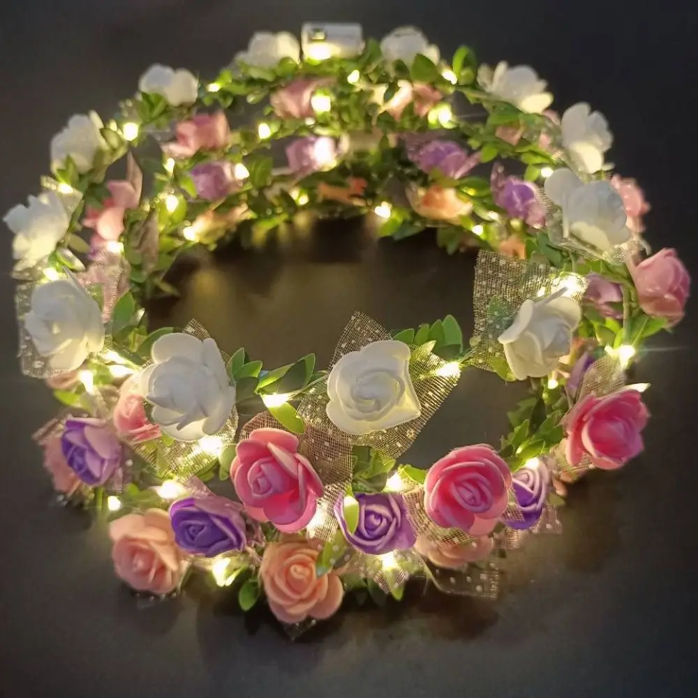 Elegant Simulation Rose Flower Wreath Headband Luminous Tiara Flower Crowns LED Light Garland Glowing Wreath Wedding