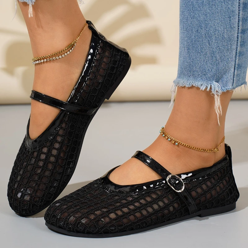 2025 New Mesh  Ballet Shoes Female Summer New Flat Hollow Mesh Breathable Single Shoe Fishnet Shoes Sandals