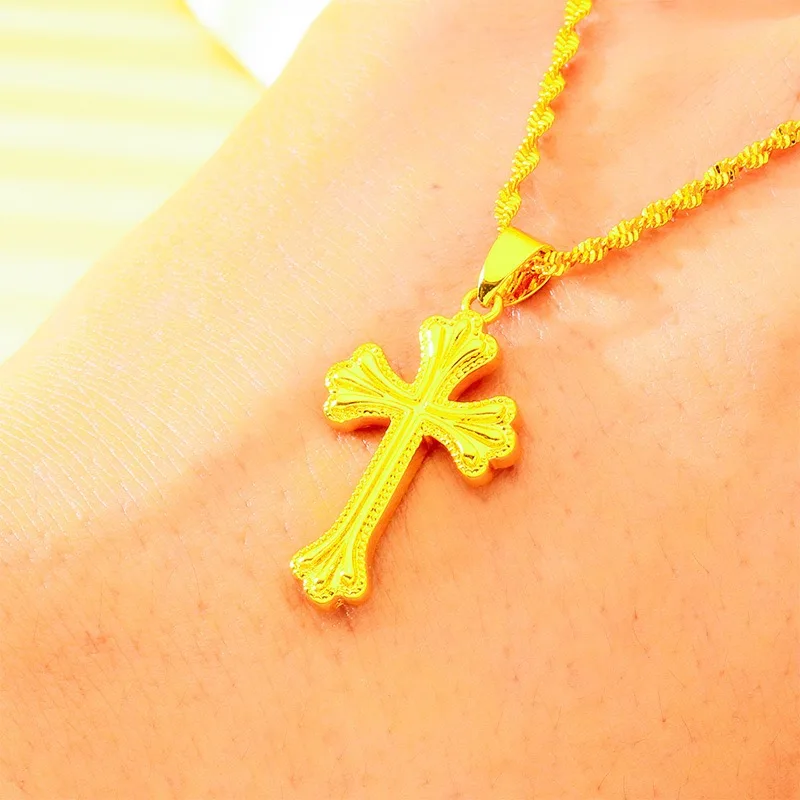 9999 24K genuine gold classic men's and women's dominant cross necklace men's and women's chain cross gold jewelry pendant
