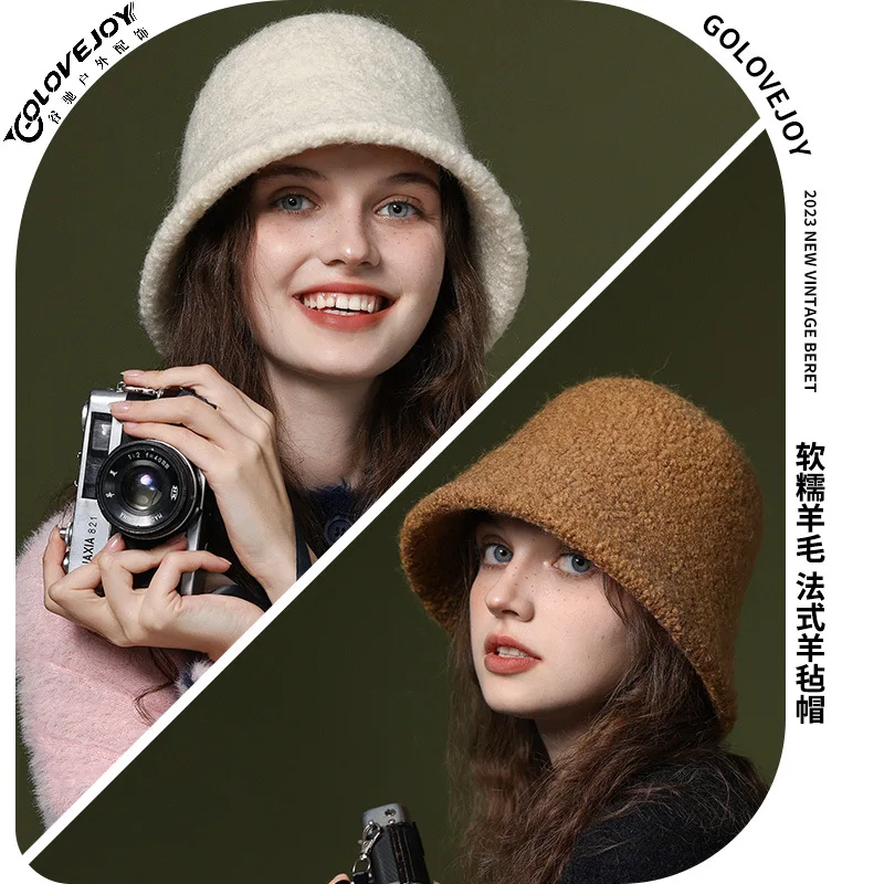 

Fashion Winter Women Fisherman Hat Wool Blend Warm Pot Hat Big Head Show Face Small Sheep Felt Bucket Hat Free Shipping