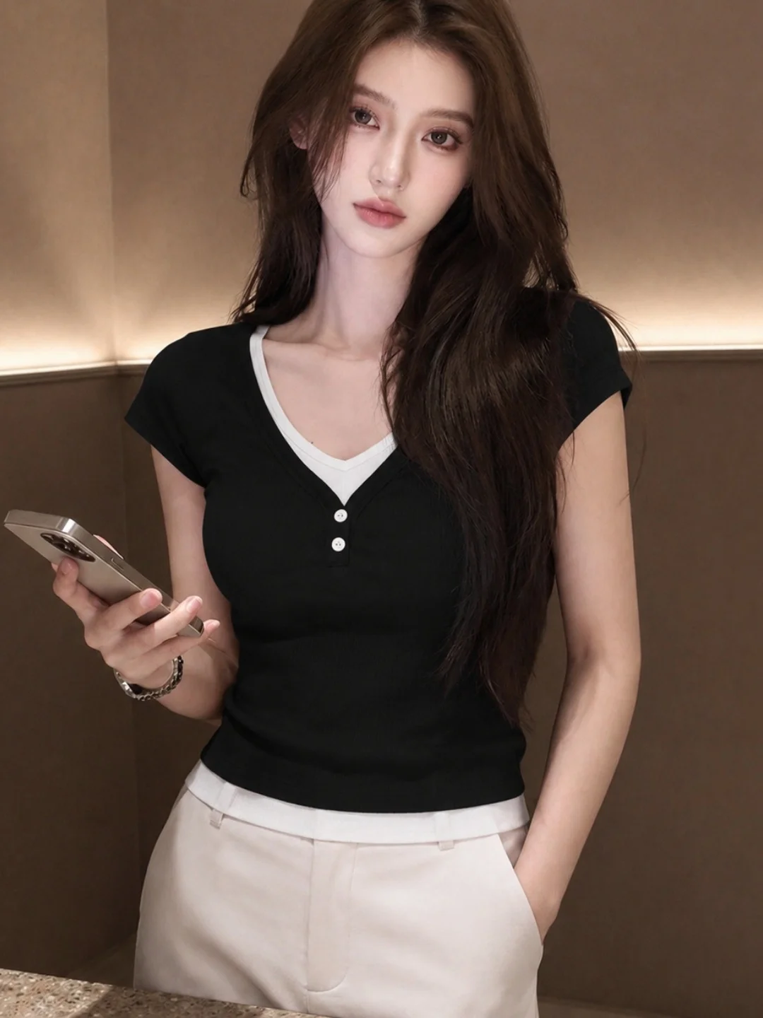 

Chic Korean Style Base Layer Shirt Slimming Summer Casual Fashionable T-Shirt Commute Friendly Versatile Shoulder Balance