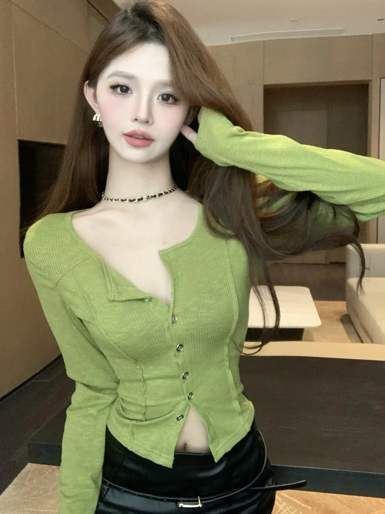 

Slim Fit Knitted Top Women's Pure Desire Design Unique Personality Slimming Large U Neck Inner Wear Casual Style Long Sleeve ...