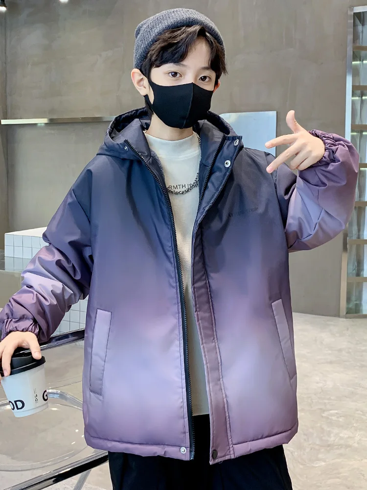 

Thiened Fce Parka Jaet for Boys Warm Windproof Autumn Winter Coat adient Color New 2025 Youth Casual Long Sve Coat