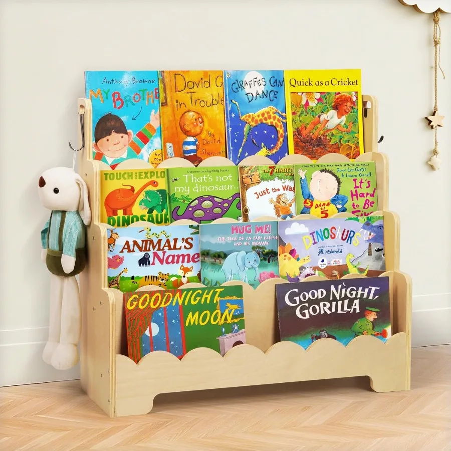 Estante de madeira recortada de 4 camadas para quartos, estante inspirada em montessori, ideal para crianças, berçário de bebês e clas