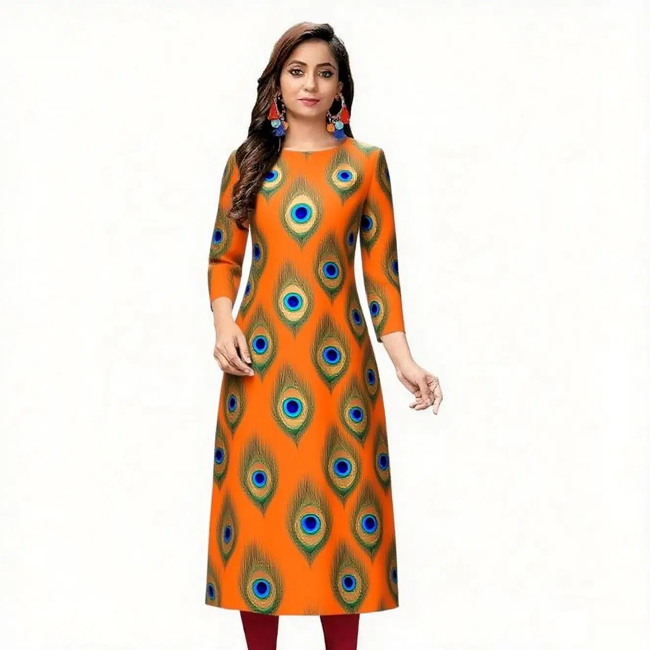 Women's fashionable and comfortable Kurt dress long sleeved straight tube casual ethnic round neck regular size new item