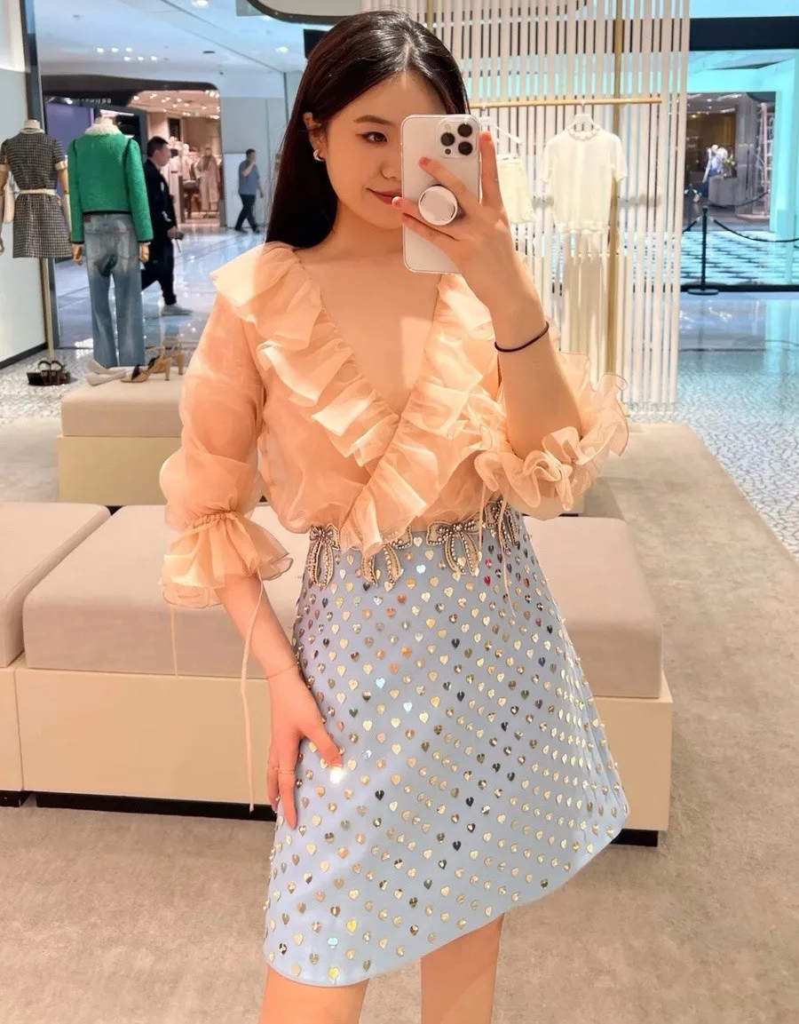 Top Quality Sexy V Neck Flare Sleeve Ruffles Short Dress Women's Fashion Patchwork Bow Rhinestone Sequins A-Line Dress
