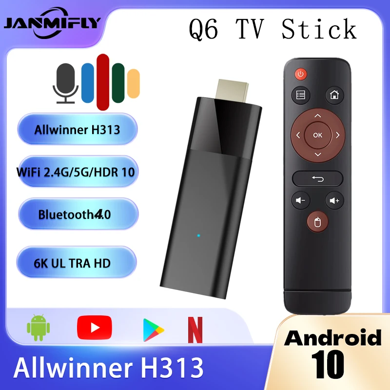 2024 Q6 H313 mini TV Stick Android 10 Quad Core 2.4G/5GWifi BT4.0 6K@30fps Google Voice Assistant Home Media Player Tv Box