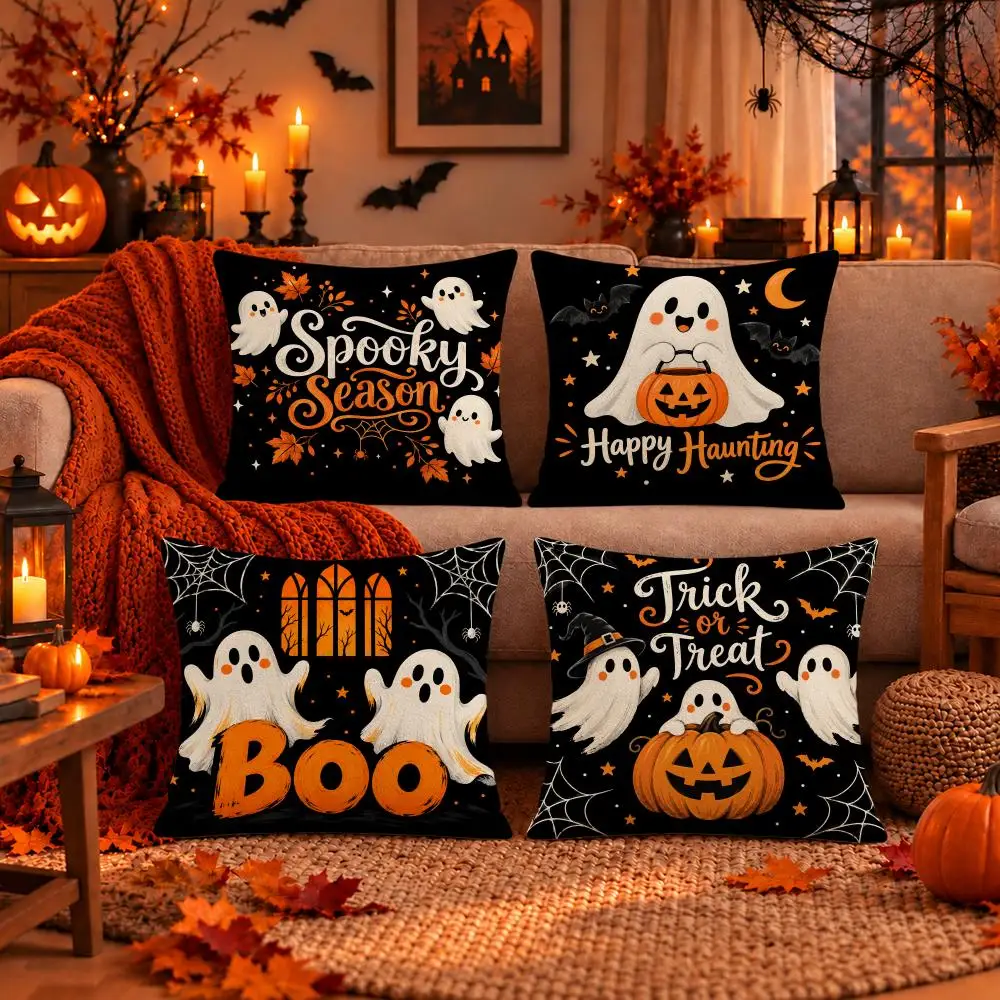 Art Halloween Ghost Theme Cushion Cover Dark Gothic Plush Pillow Covers for Sofa Bedroom Home Decor