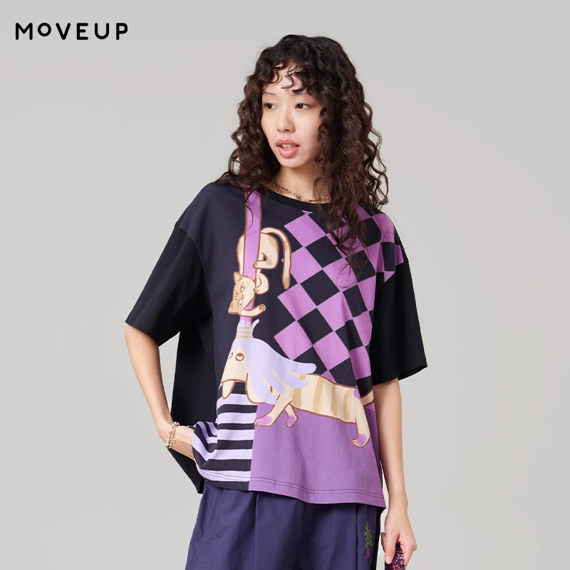 MOVEUP Short Sleeved Round Neck T-Shirt 2026 Summer New Pure Cotton Checkerboard Stripe Pattern Animal Print Tee Women 3ELX10516