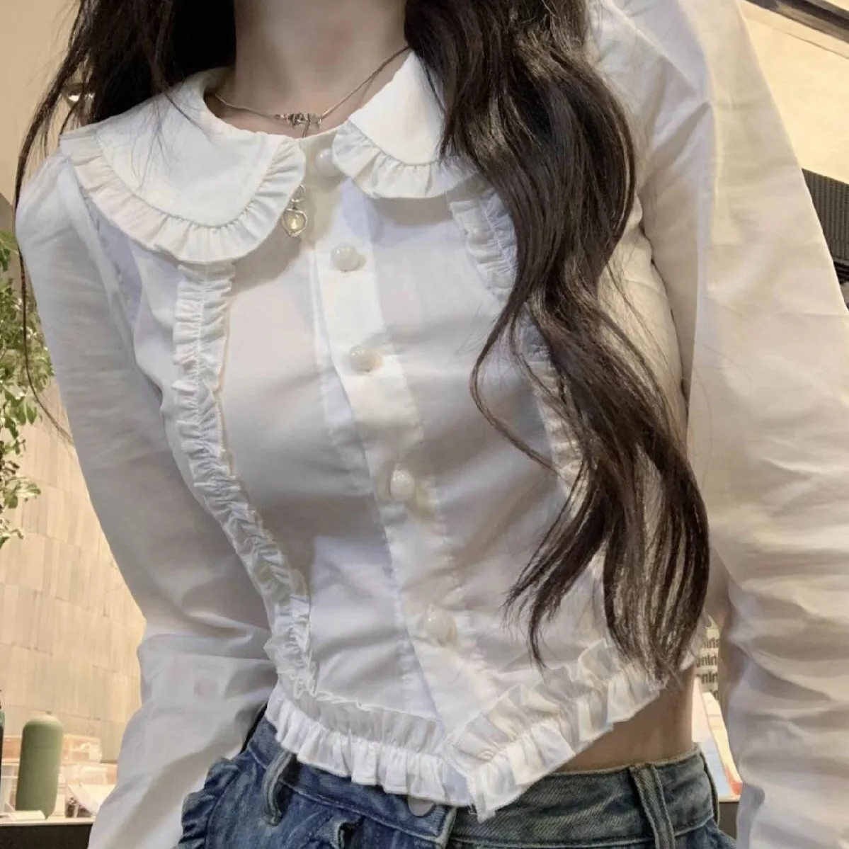 

Exquisite Shirt Peter-Pan Collar Lace Shirt Body-Shaping Flattering High-Waist Shirt Long-Sleeve Cropped Ruffled Blouse