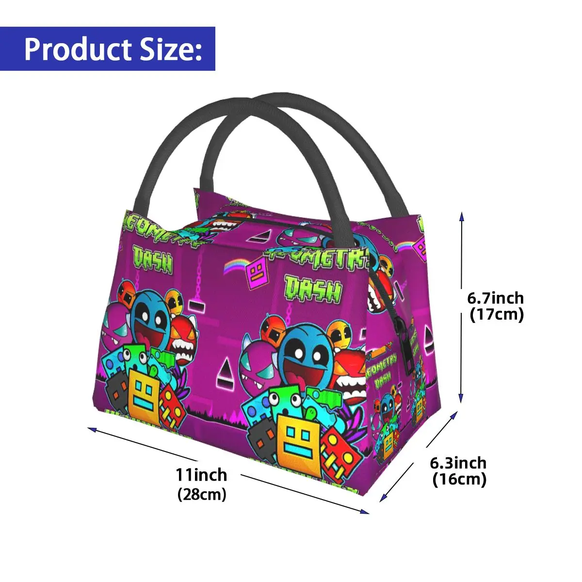 Video Game Geometry Dash Insulated Lunch Bag for School Picnic Storage Food Boxes Container Cooler Thermal Lunch Box Tote