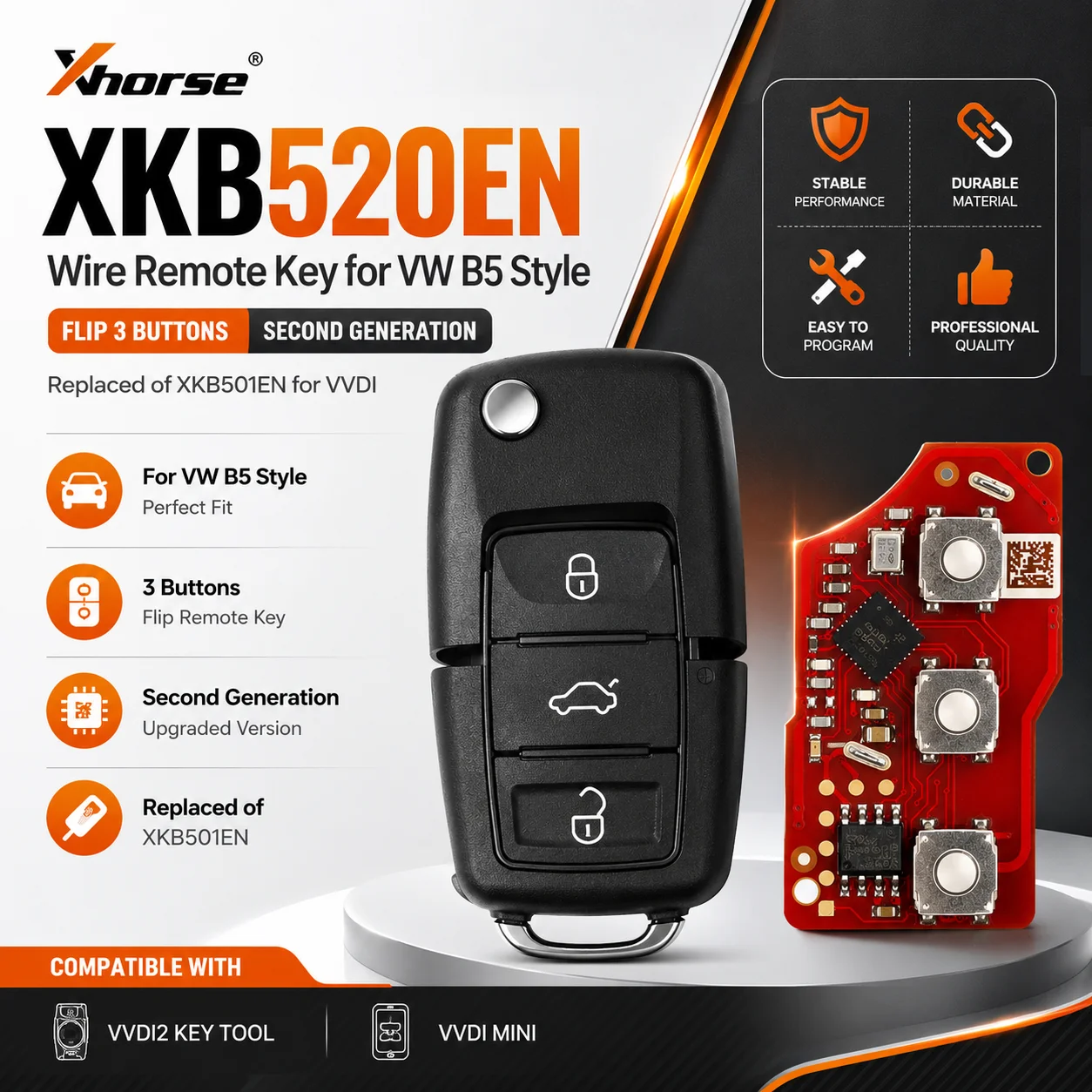 Xhorse XKB520EN 3 Buttons Wire Remote Key for VW B5 Style Flip Car Remote Key Second Generation Replaced of XKB501EN for VVDI