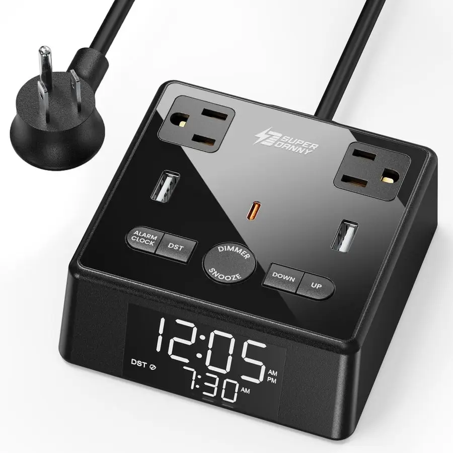 

Alarm Clock with 3 USB Charger, Desk Charging Station 2 AC Outlets, 6.5ft Cord, Power Strip Surge Protector 1700J, LCD Display,