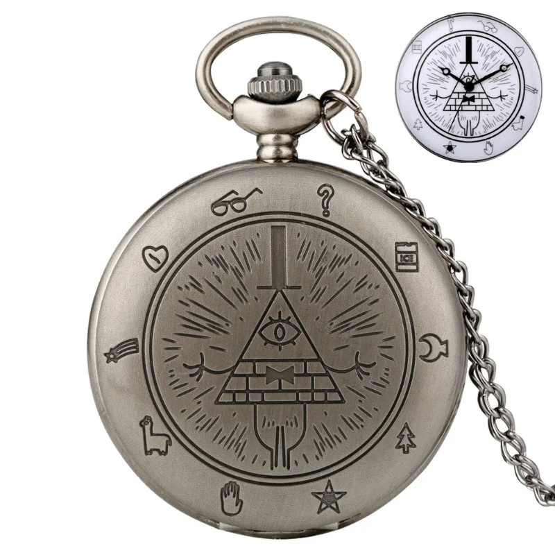 Disney Movie Gravity Fall Bill Cipher Time Gem Necklace Quartz Pocket Watch Weird Town Triangle One-Eyed Devil Pendant Chain Toy