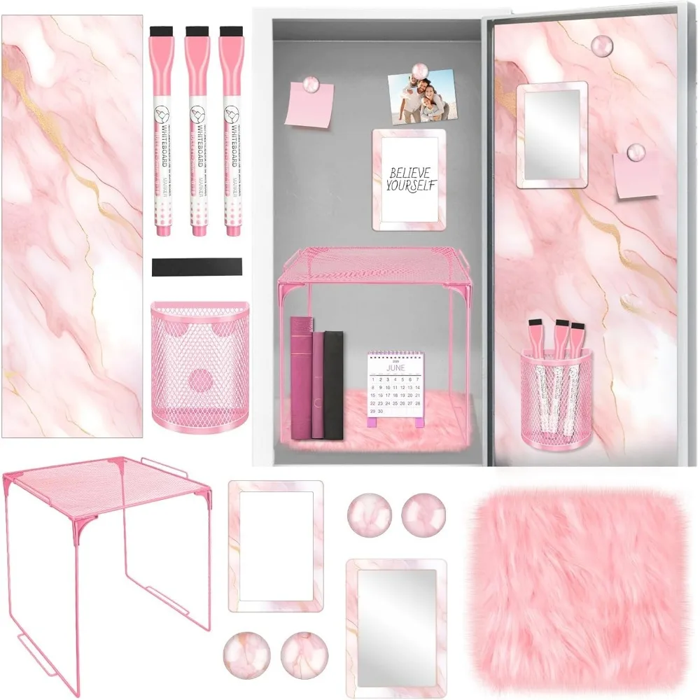 kit-di-accessori-per-armadietto-rosa-armadietto-organizer-specchio-magnetico-portapenne-per-lavagna-piccolo-tappeto-per-riporre-l'organizzazione-dello-scaffale