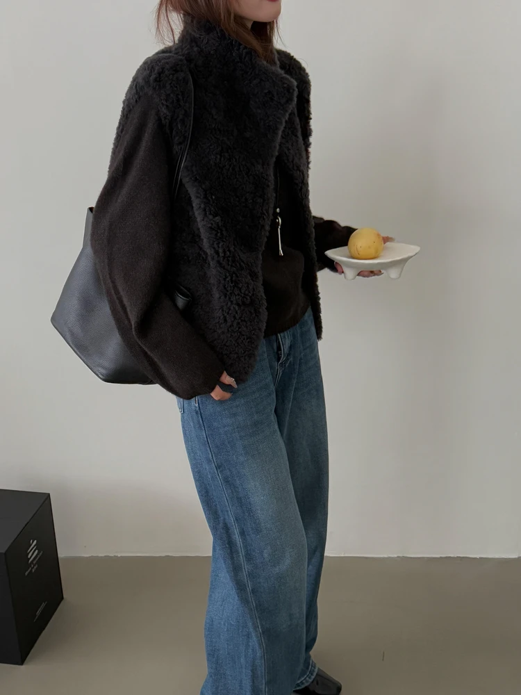 

Retro American Lamb Fur Collar Button Women's ort Coat Autumn Winter New Sle Vintage Single Button Open Cardigan