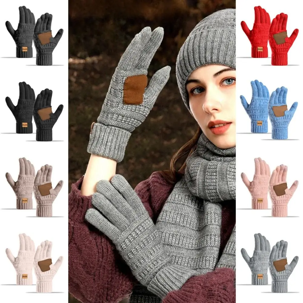 New Screen Touch Women Winter Gloves Alpaca Fleece Warm Knitted Gloves Anti-Slip with Leather Men Cycling Gloves