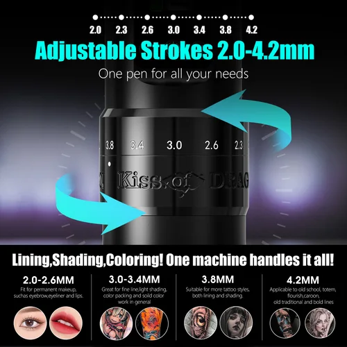 Imagen 2 del producto Máquina de tatuaje inalámbrica Kiss of Dragon, pluma de tatuaje con trazos ajustables de 2,0-4,2mm, fuente de alimentación, pistola para maquillaje permanente para artistas