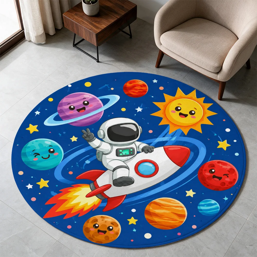 Cute Astronaut Planet Solar System Kids Play Rug Blue Space Nursery Mat Toddler Room Decor