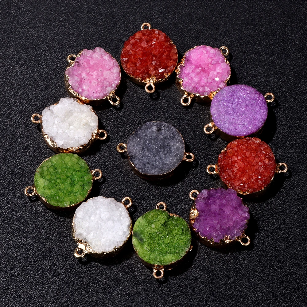 

2PCS Natural Round Druzy Stone Pendant 20mm Colorful Crystal Connectors For Charms Bracelet Earrings Necklace DIY Accessories