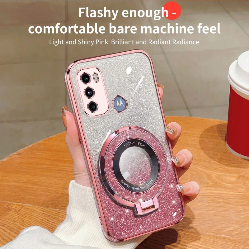 Fashion Magnetic Bracket Glitter Case dla Motorola Moto E20 G84 E22i G22 E32 G31 G53 E22 G54 G32 G82 E13 G60S G8 E7 Clear Cover