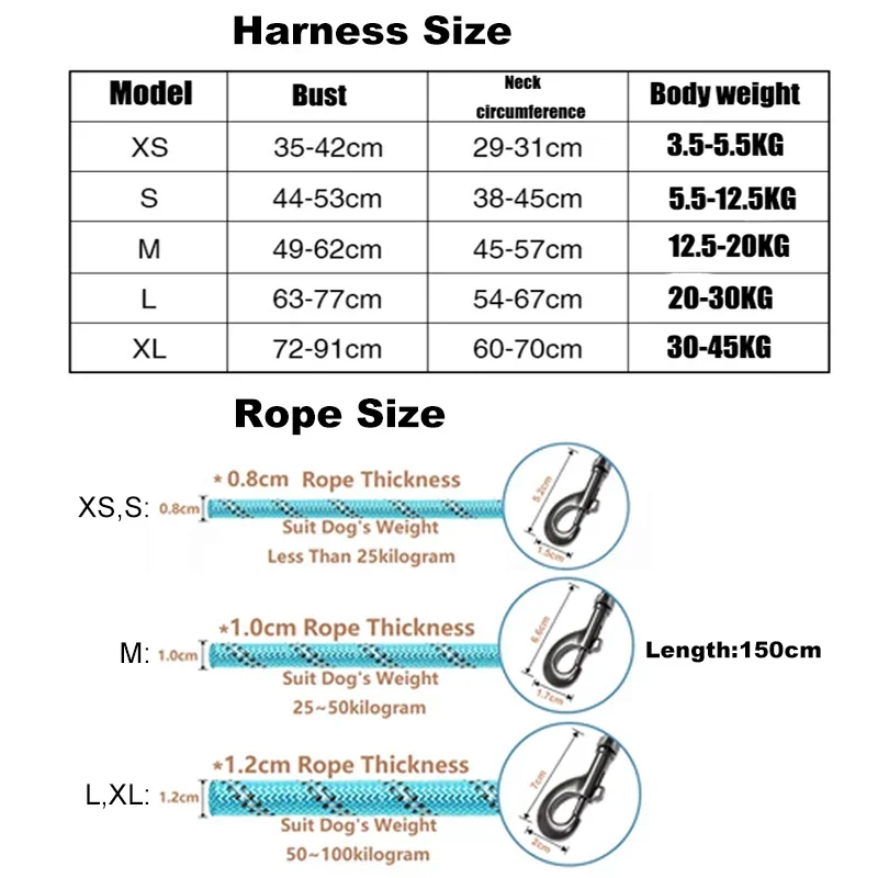 애완견 조절 가능한 하네스, 소형 및 대형견 하네스 조끼, 150cm 강한 개 가죽 끈, 애완 동물 가죽 끈, 반사 가죽 끈, 드래그 풀 견인