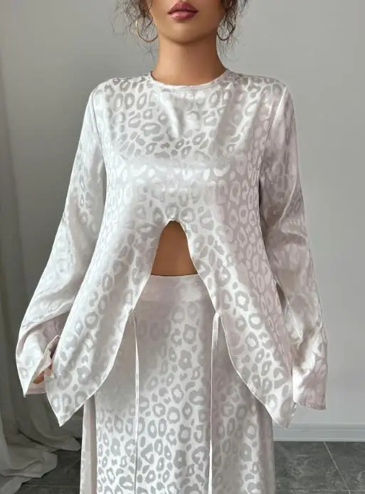 

Two Piece Set Women Outfit 2025 Spring Autumn New Round Neck Long Sleeved Irregular Hem Lace Up Top & High Waist Long Skirt Set