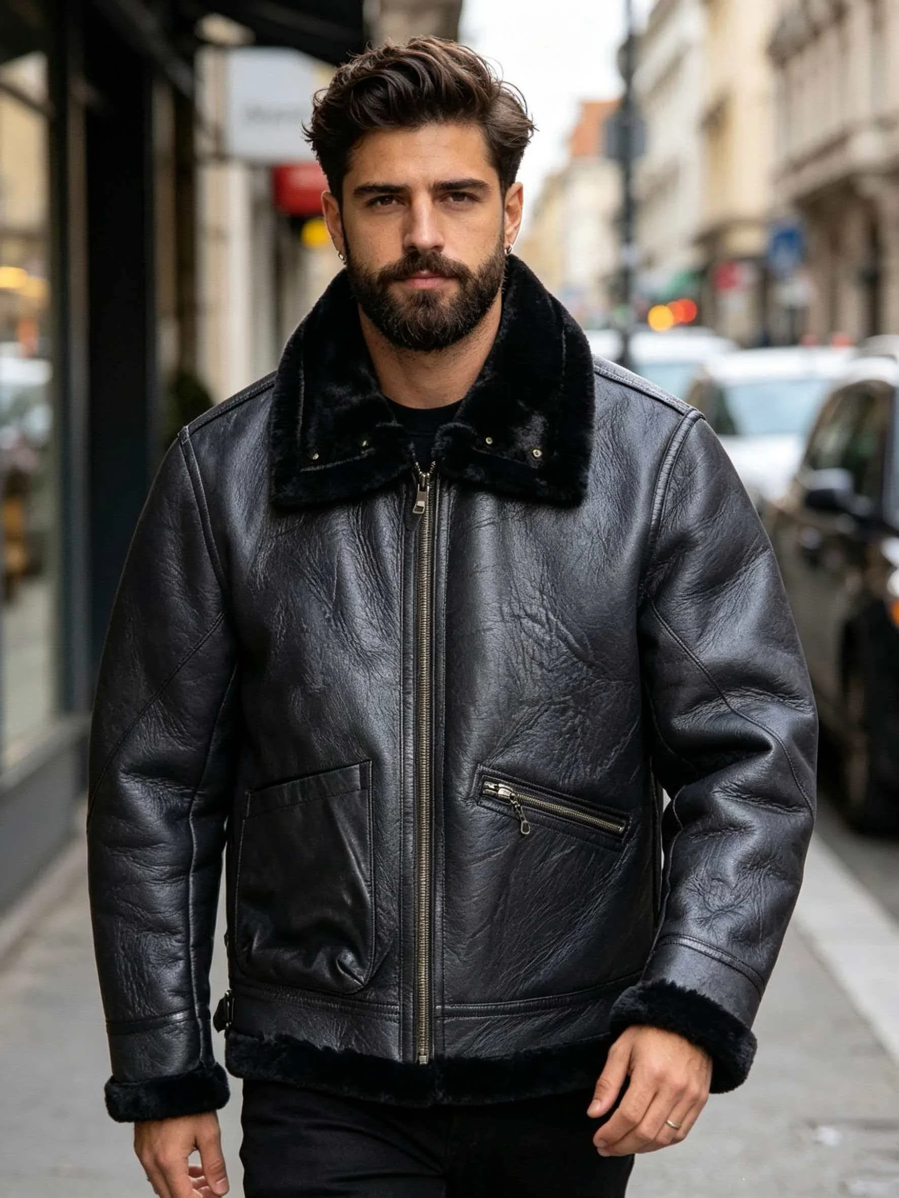 Black Winter Shearling Jacket Men Retro Style Plus Size 5XL Genuine Natural Thick Sheepskin Turn-Down Collar Warm Flight Coat