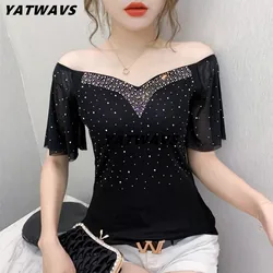 New Summer Fashion Korean Girl T-Shirt Clothes Sexy V-Neck Shiny Diamonds Mesh Women Tops Ruffled Sleeve All Match Tees Blouse