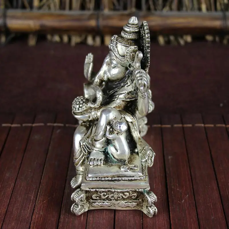 Chinese Old Geomancy Decoration White Cooperized Silver Four Hands Elephant God