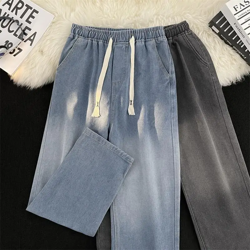 

Retro Washed Men's Denim Jeans American Style Loose Wide Leg Pants Casual Straight Cut Trousers for Teenagers Autumn Fashion