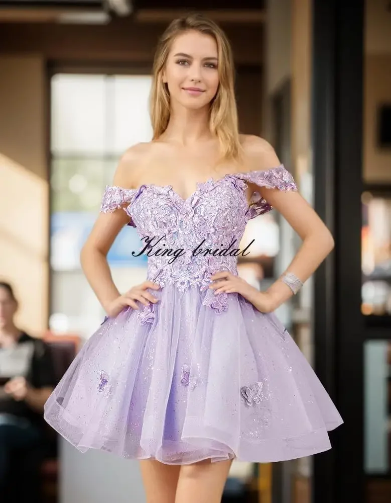 الدانتيل كوكتيل فستان قصير فساتين النادي بريق تول يزين فساتين العودة للوطن للمراهقين مطرز قبالة الكتف فساتين حفلة موسيقية قصيرة