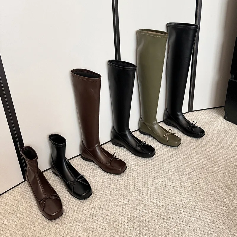 MKKHOU Fashion Knee Over Boots Women's New High Quality Genuine Leather Boots Square Head Bow Middle Boots Short Boots Women