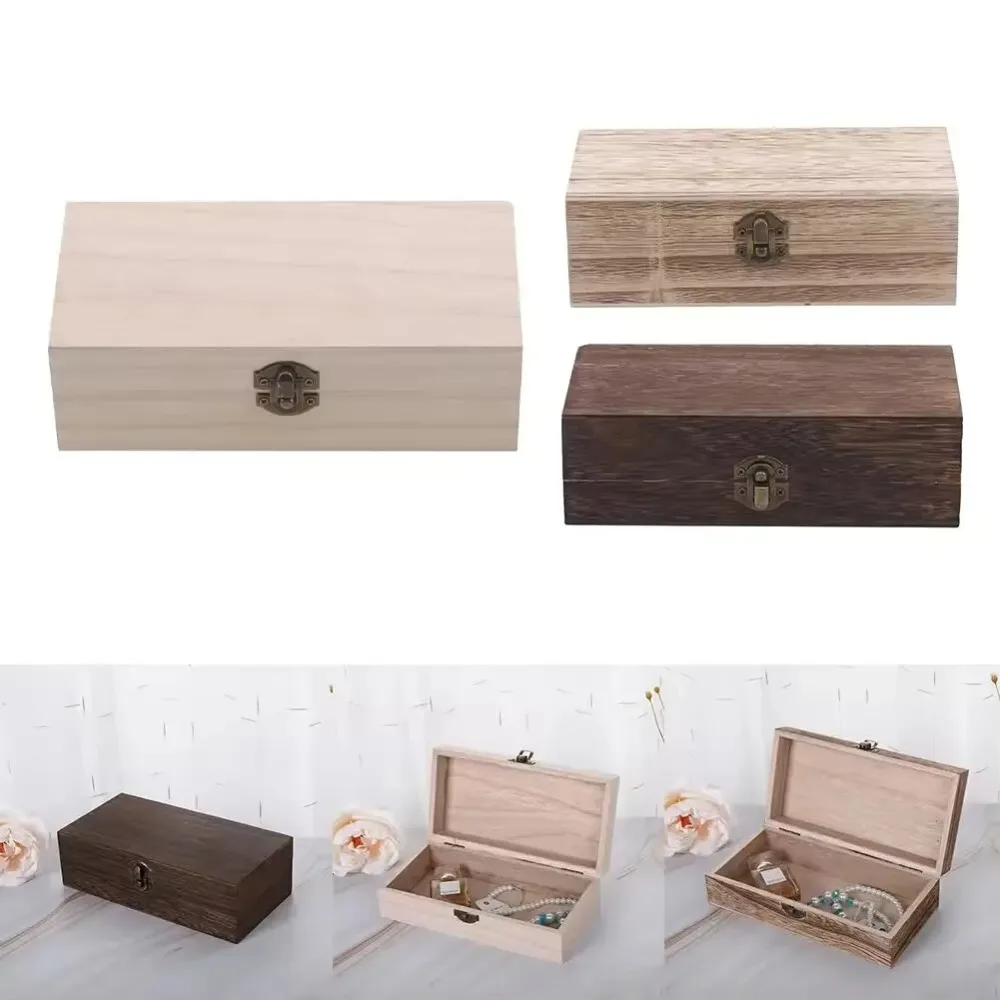 Retro Rectangular Wooden Storage Box Clamshell Desktop Organizer Jewelry Gift Box for Home Decor
