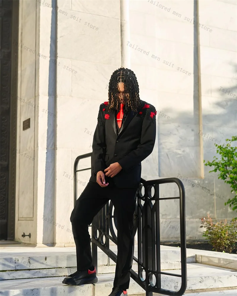 

Black Crystals Men Suits Set 2 Pieces Blazer+Pants Trousers 3D Flower Wedding Tuxedos Jacket Formal Office Customized Male Coat