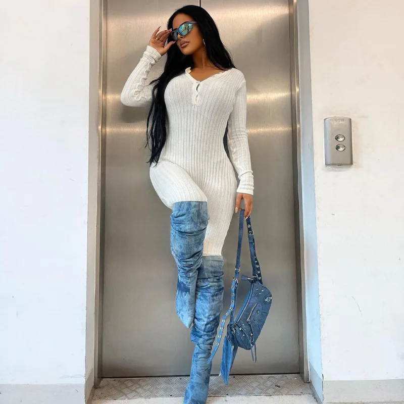 Ribbed Long Sleeve Jumpsuits One Piece Solid Elegant Bodycon Fall Winter Clothes 2022 Women Club Casual Sexy Jumpsuit Bodysuit
