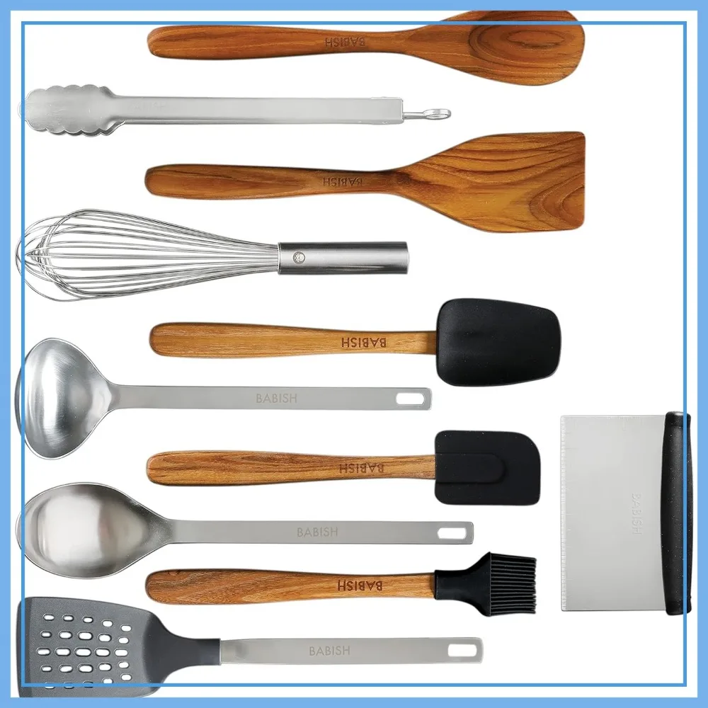 

11 Piece Essential Teak Wood, Silicone, and Stainless Steel Tool Set