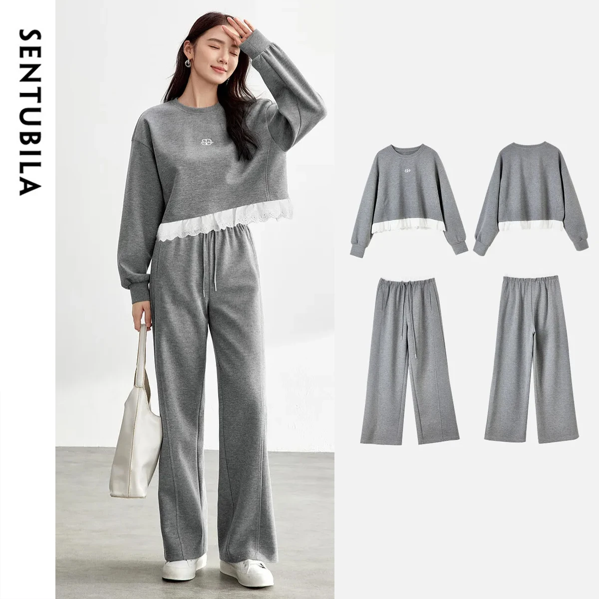 

SENTUBILA Woman Two Piece Grey Sweat Set Lace Splicing Round Neck Short Sweatshirt Straight Trouser Ladies Pant Sets 151Z80478