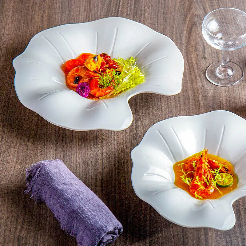 white porcelain artistic conception fusion  tableware irregular ceramic western soup plate creative special-shaped hotel cold