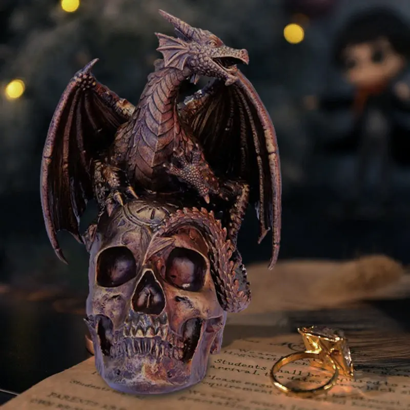 Retro gold winged flying dragon skull statue desktop high-end decorative ornament