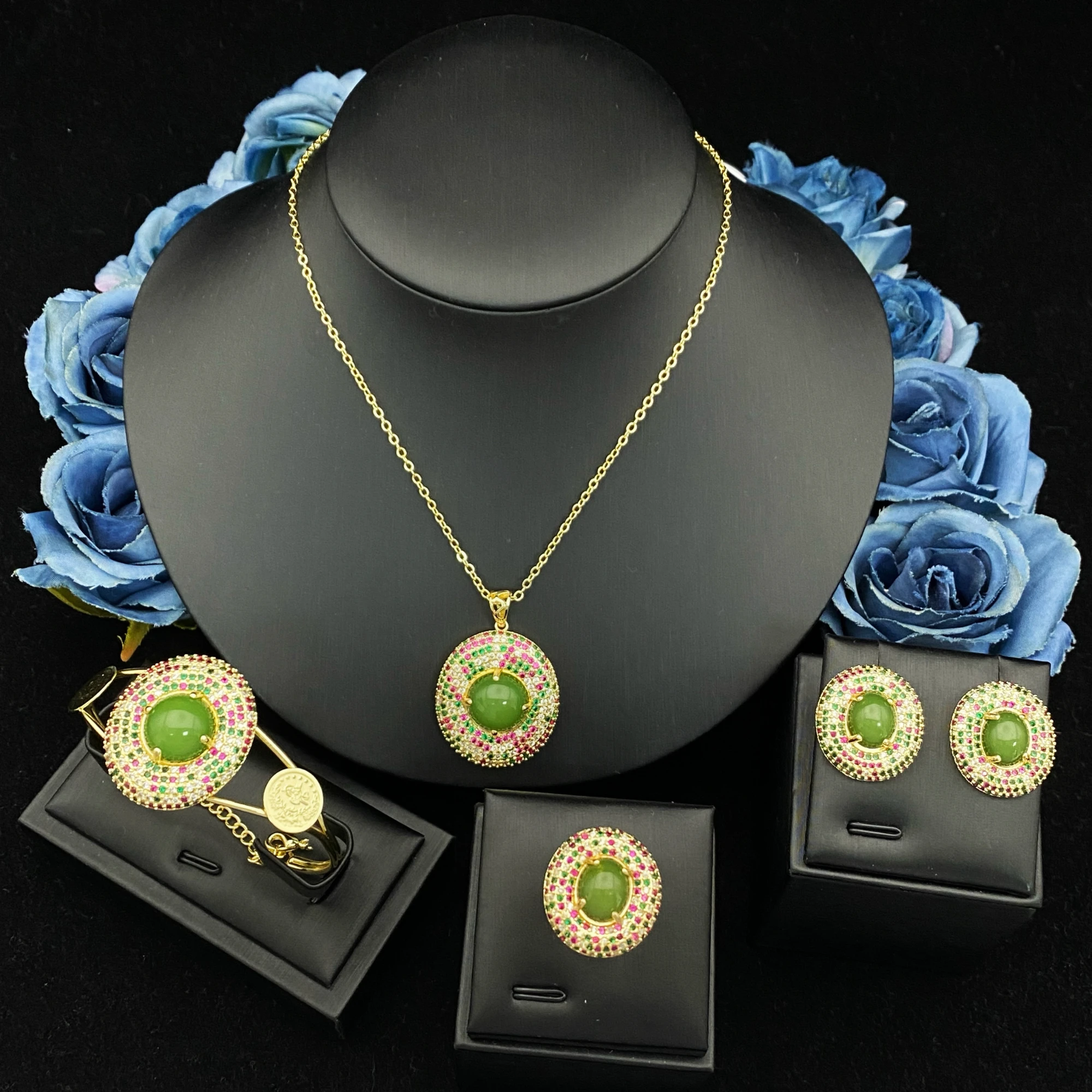 

Falair Gold Plated Copper Zirconia Jewelry Set for Women Elegant Accessories Necklace Ring Earrings Bracelet Delicate Gift