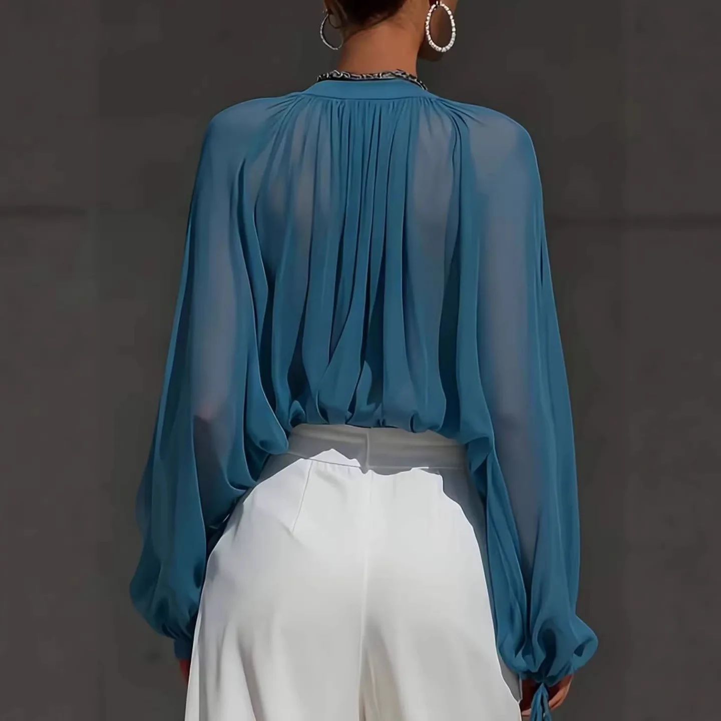 

Женская синяя блузка из прозрачного шифона с высоким воротником, глубоким V-образным вырезом, пышными длинными рукавами и завязками на манжетах, элегантная, винтажная, повседневная, шикарная