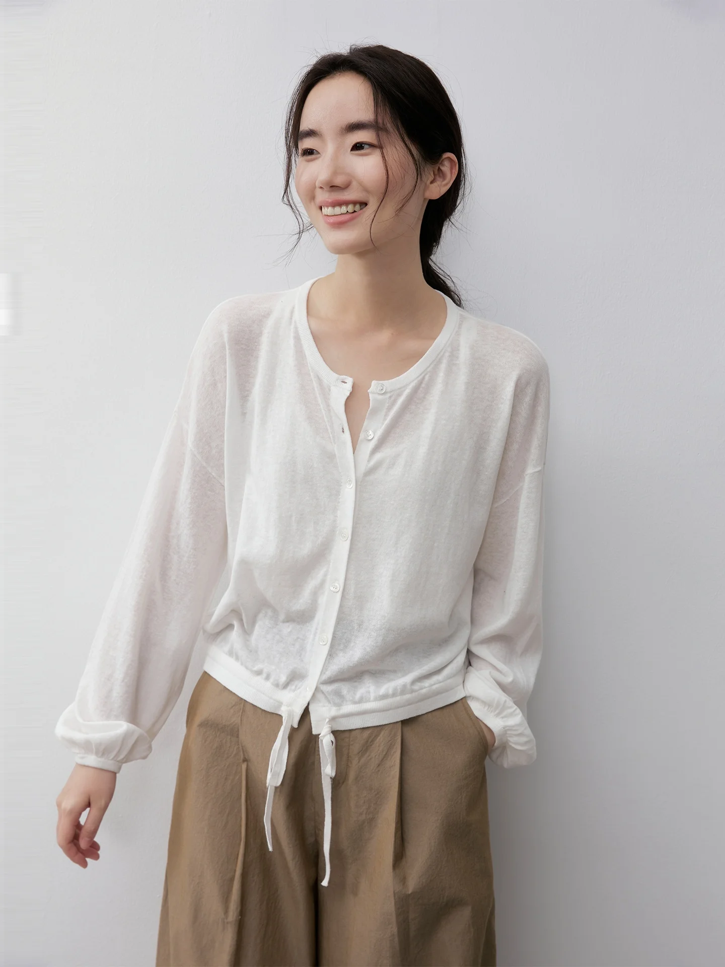 

Nomumad 2026 Summer Women's Long Sve Knitted Acetate Linen Blend Thin Cardigan Coat Sunscreen Casual Loose Fit round Ne