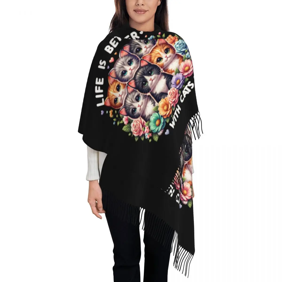 

Жизнь с принтом на заказ лучше с кошками, шарф для мужчин и женщин, зима-осень, теплые шарфы, шаль, накидка