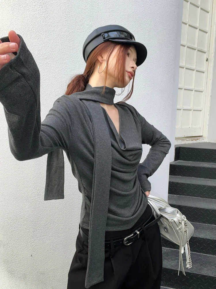 

Vcansy Korean Sle Long Sve T-irt ey Pleated Stand Collar Belted Base irt Street Faion Stand Fit Polyester