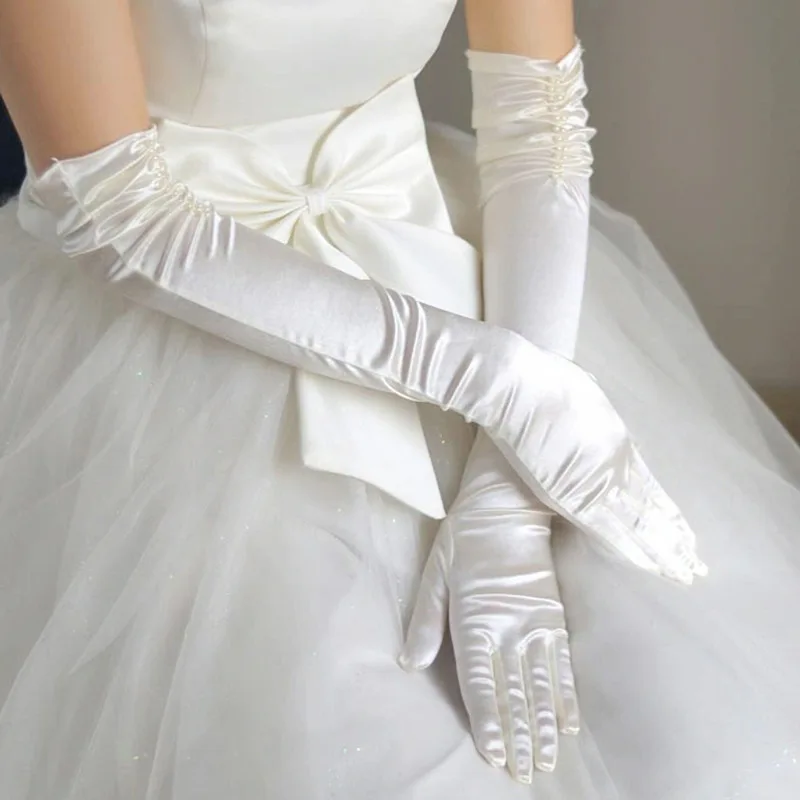 Long Satin Opera Gloves Extended Gloves Bent Evening for Bride Celebration Dance Plastic Pearl Cuff Model Holiday